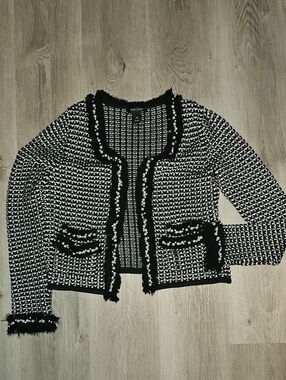 White House Black Market Black and White Tweed Pearl-Trim Cardigan